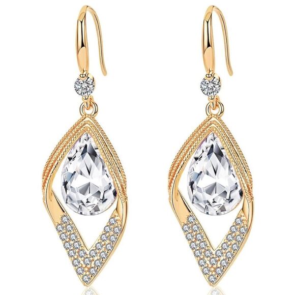 14K Yellow Gold with White Diamond Austrian Crystal Halo Leaf Teardrop Earrings - Picture 1 of 7